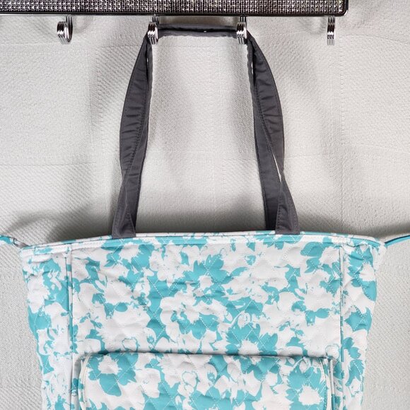 Emma & Chloe Teal White Floral Pattern Cotton Zip Large Size Quilted Tote Bag - Picture 3 of 16